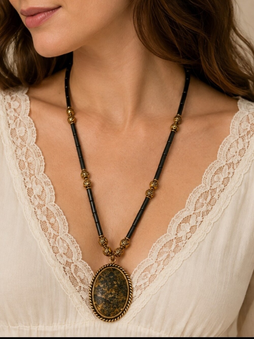 Vintage Horn and Floral Brass Beaded Apache Gold Stone Pendant Necklace
